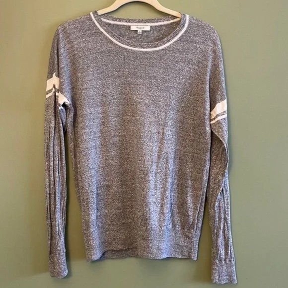 Madewell Varsity Inset Stripe Grey 100% Linen Light Sweater Sz M - Picture 4 of 6
